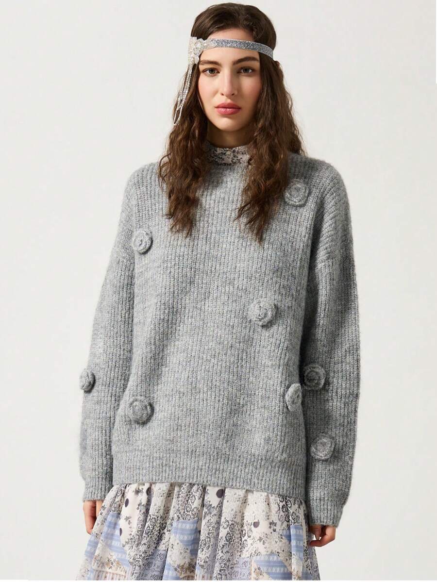 Front view of Chic 3D Floral Loose Knit Sweater for Autumn & Winter - Casual Round Neck Design for autumn styling