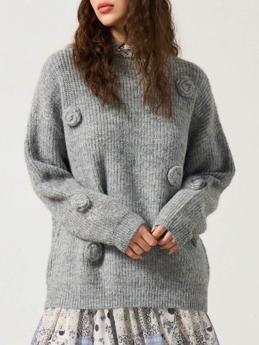Side profile of Chic 3D Floral Loose Knit Sweater for Autumn & Winter - Casual Round Neck Design casual round neck