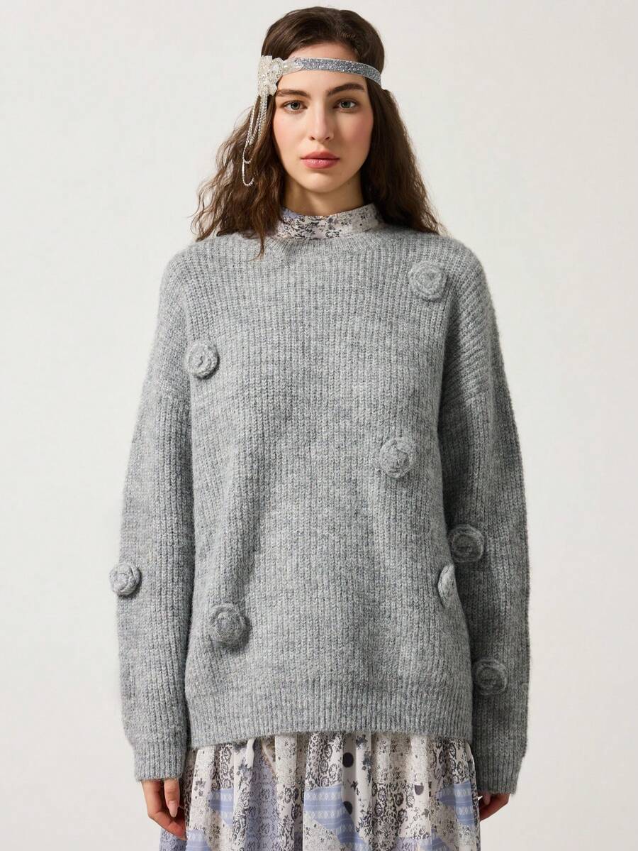 Close-up detail of Chic 3D Floral Loose Knit Sweater for Autumn & Winter - Casual Round Neck Design 3D floral knit texture