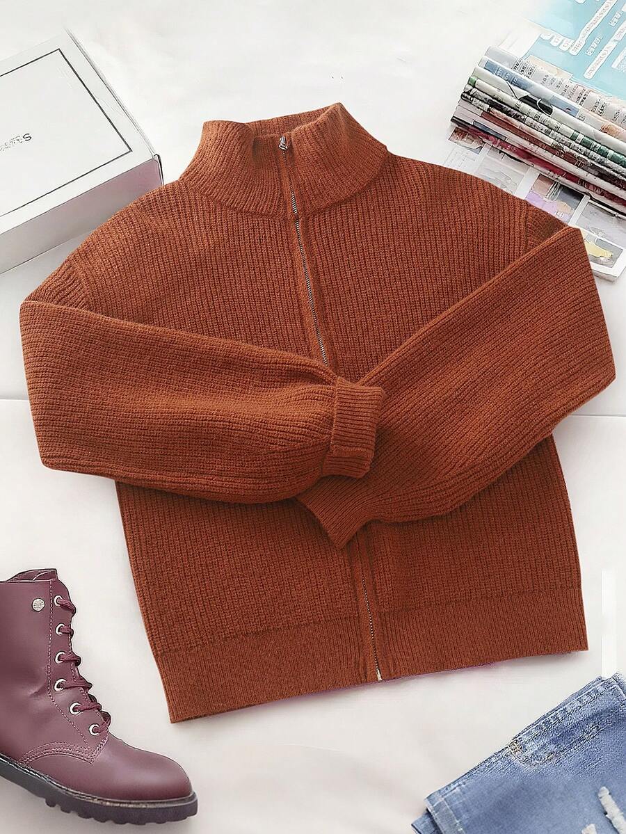 Front view of Vintage High-Collar Zip-Up Chunky Knit Cardigan for Women - Casual Fashion Essential in Camel color
