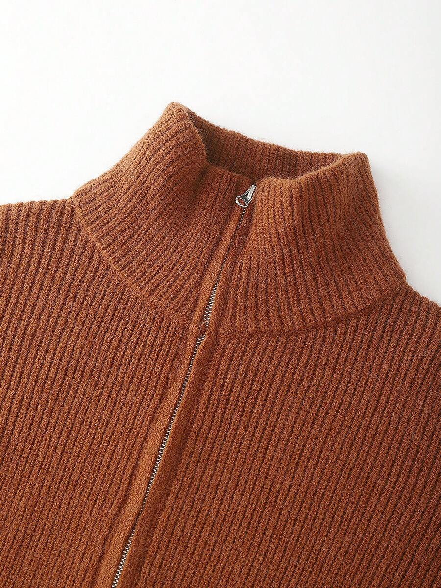 Back view of Vintage High-Collar Zip-Up Chunky Knit Cardigan for Women - Casual Fashion Essential showing overall fit