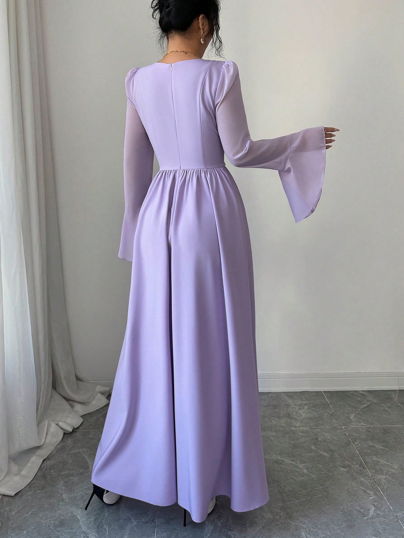 Elegant Lavender A-Line Dress with Pearl Decor and Bell Sleeves