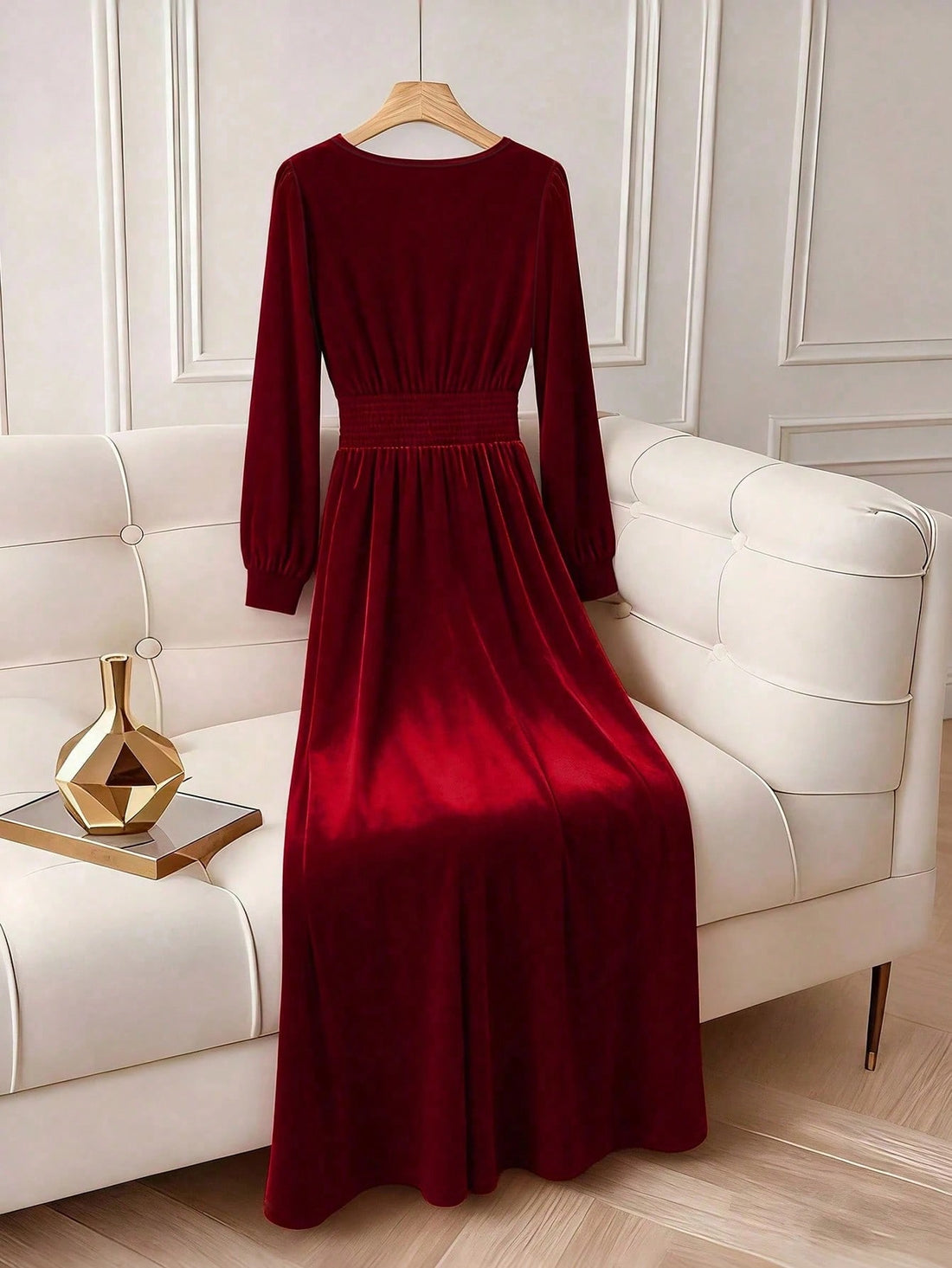 Slip into sophistication with this stunning red wine velvet dress that's ready to turn heads at every holiday gathering. The flattering V-neckline and long sleeves offer timeless elegance, while the ruched waist cinches your silhouette for a chic, defined look. Crafted from luxurious velvet fabric, this fitted design drapes beautifully and feels as amazing as it looks. Perfect for Christmas parties, festive dinners, or any occasion calling for a touch of glamour. Whether you're dancing the night away or enj