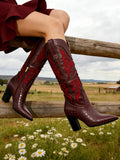 Back view of Stylish Women's Embroidered Knee-High Cowgirl Boots with Block Heels - Perfect for Any Occasion for punk motorcycle boot styling