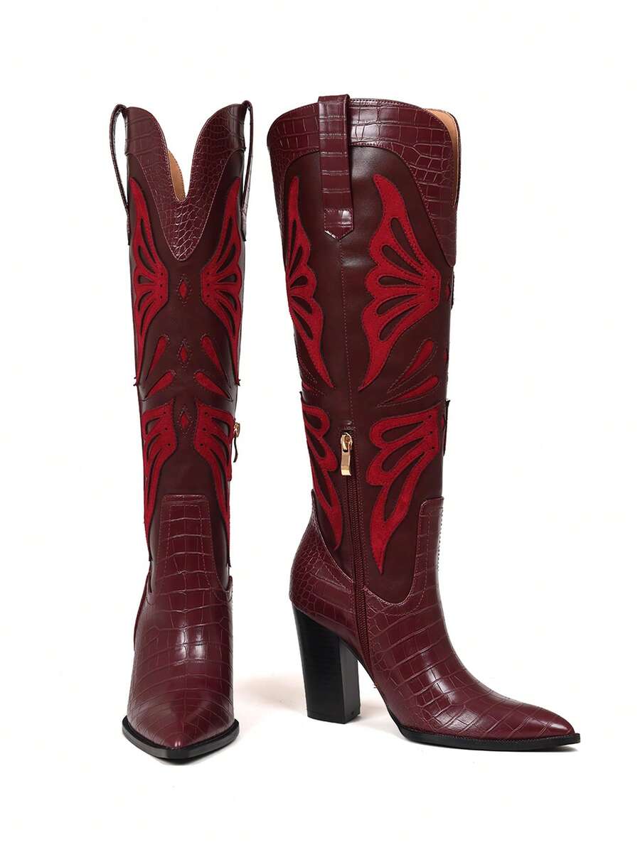 Heel view of Stylish Women's Embroidered Knee-High Cowgirl Boots with Block Heels - Perfect for Any Occasion for punk motorcycle boot styling