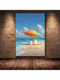 Cute beach blob figures canvas wall art under rainbow umbrella