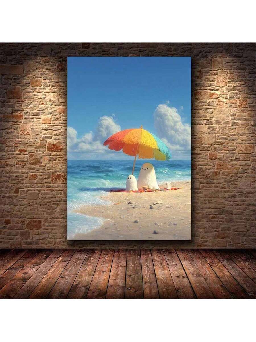 Cute beach blob figures canvas wall art under rainbow umbrella