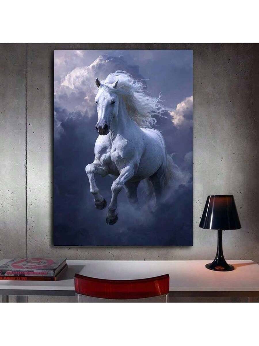 Black horse canvas print on brick wall mockup