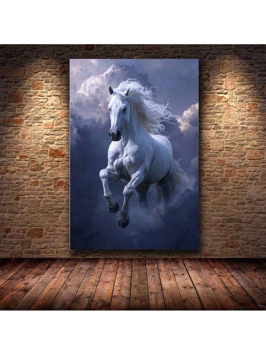 White horse fantasy canvas wall art with storm clouds