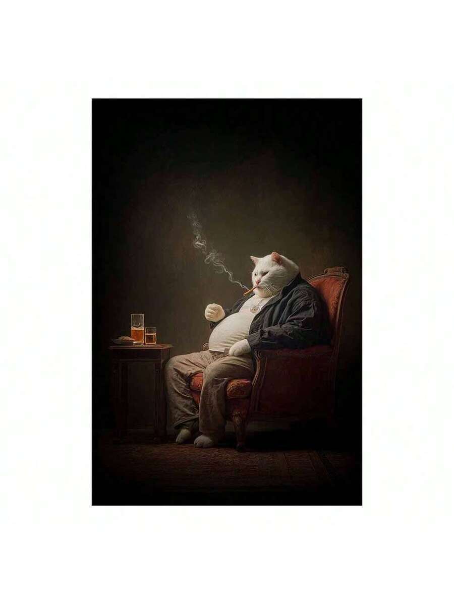 Smoking cat wall print in white room mockup
