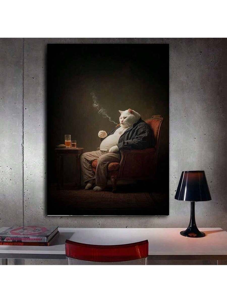 Smoking cat canvas print on brick wall mockup