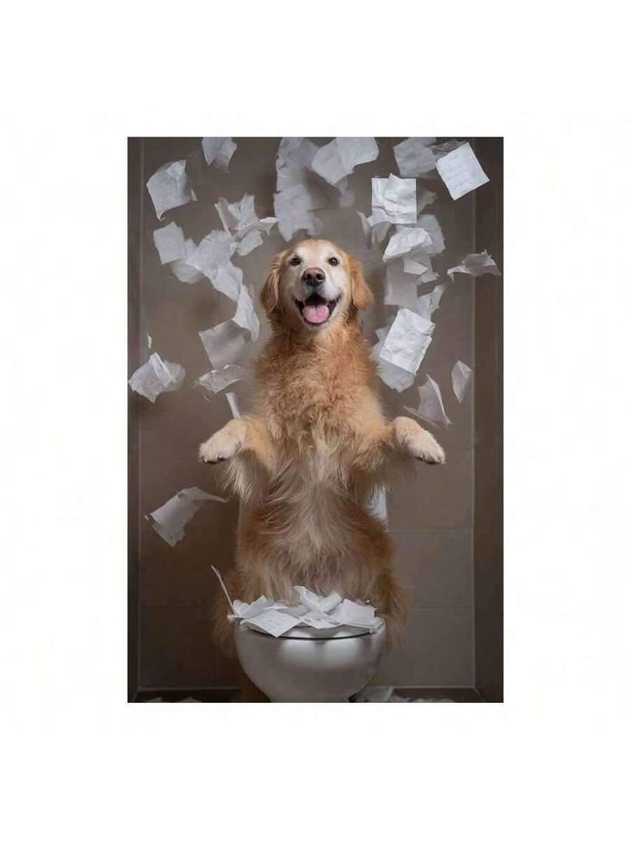 Golden retriever bathroom wall print room mockup