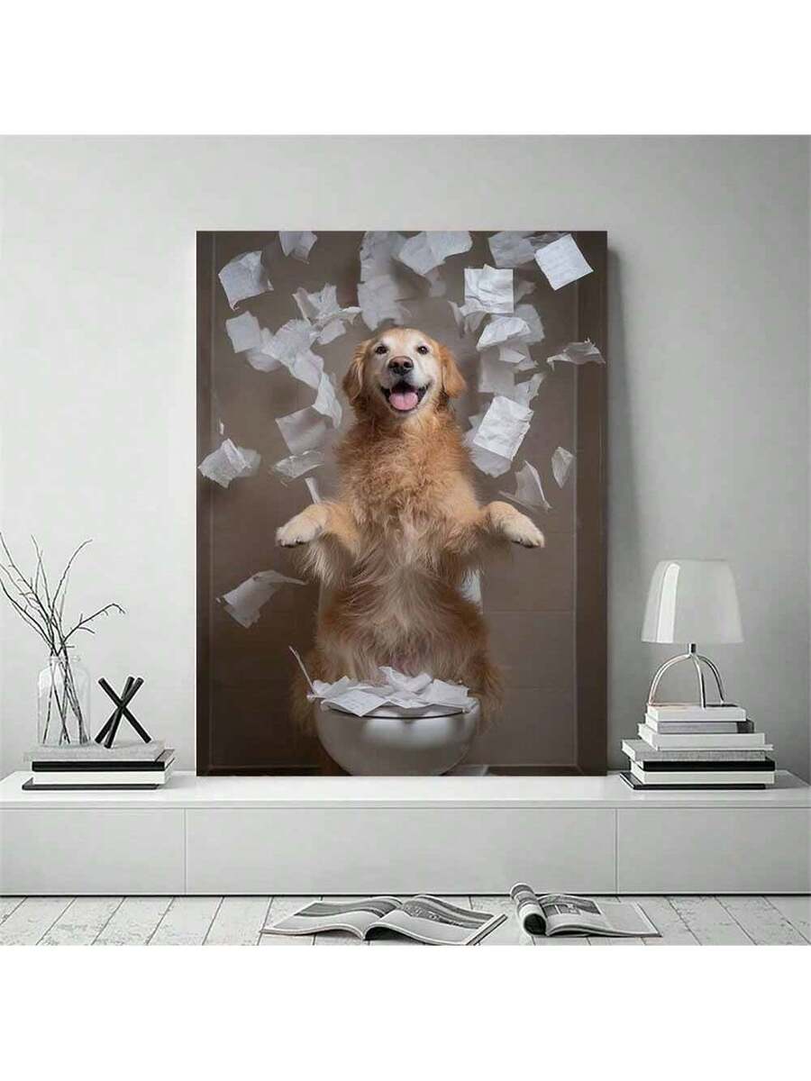 Dog toilet humor wall art on concrete wall