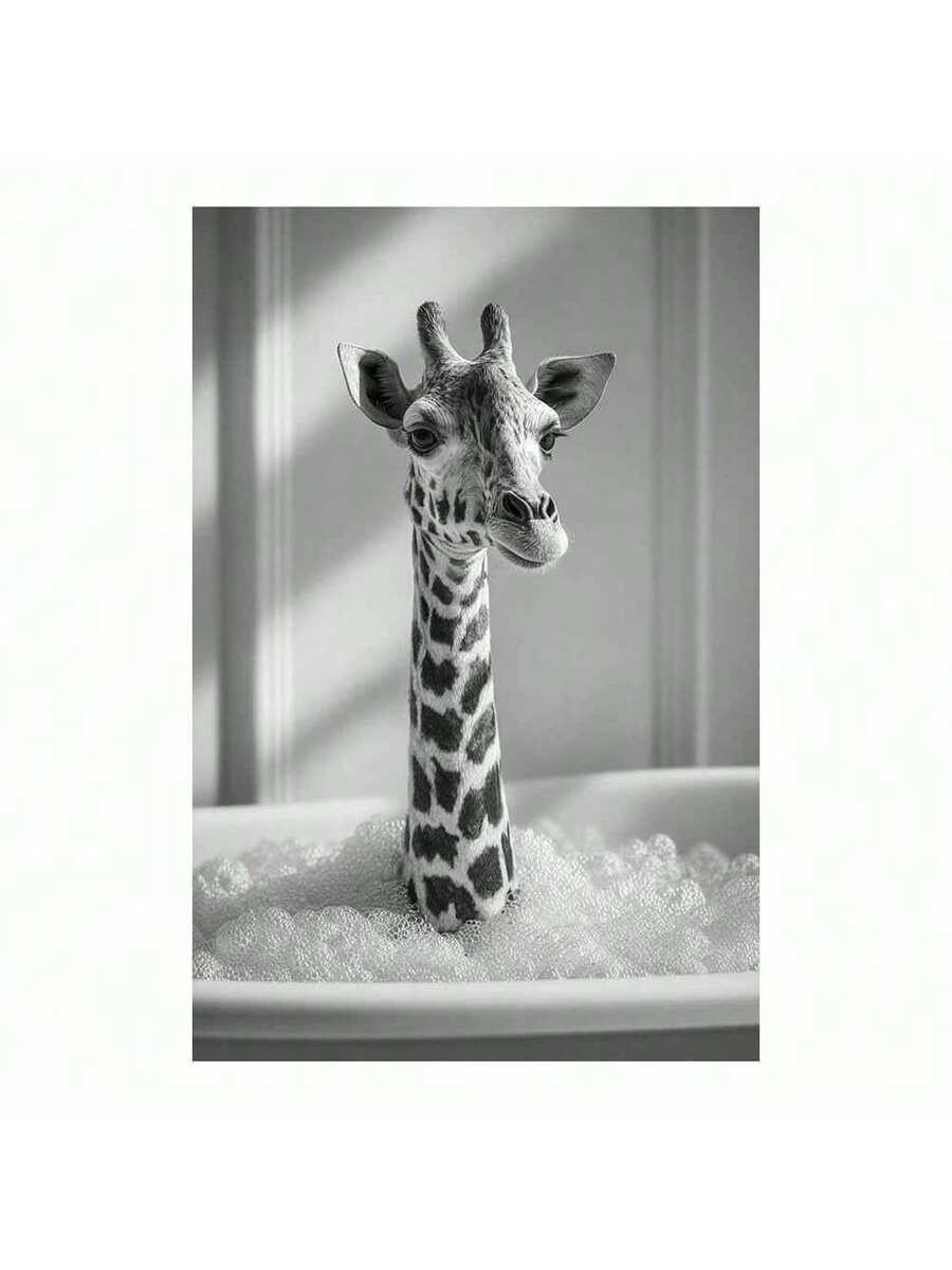 Giraffe bath wall print in white room mockup