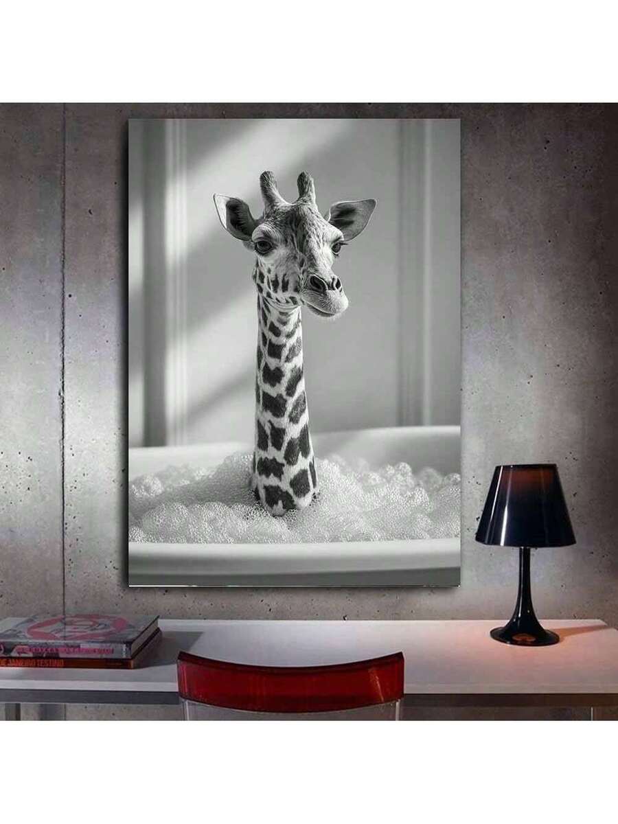 Giraffe bath canvas print on brick wall mockup