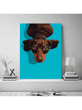 Upside down dachshund dog canvas wall art on turquoise background