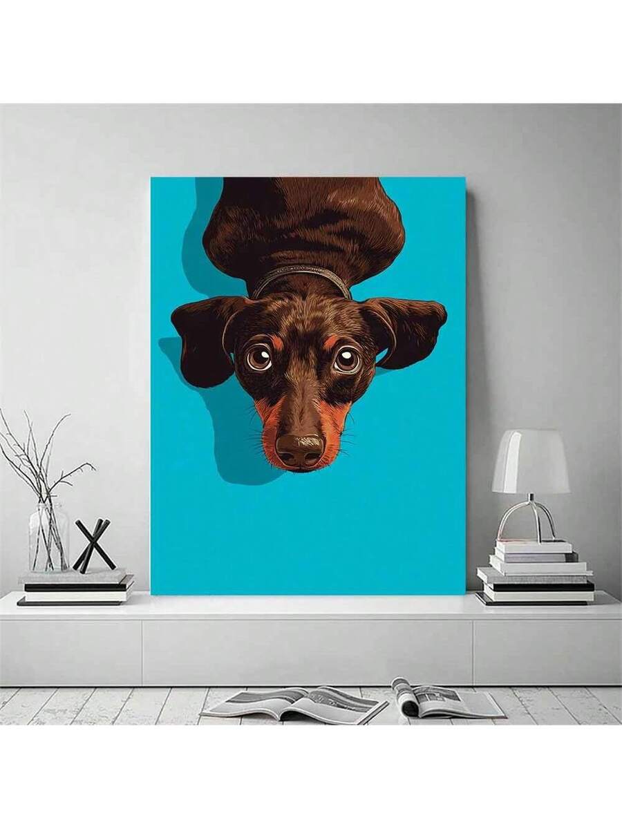 Upside down dachshund dog canvas wall art on turquoise background
