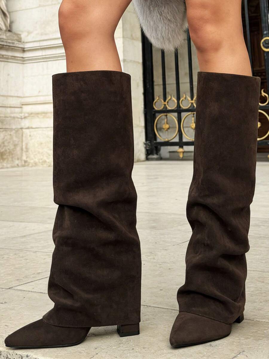 Front view of Stylish Knee-High Slouchy Shark Boots with Chunky Heels for Parties and Office Wear for knee high boot styling