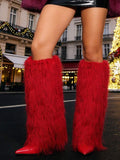 Ruched shaft view of Knee-High Stiletto Boots for Women – Pointed Toe Mongolian Furry Fashion Footwear for punk motorcycle boot styling