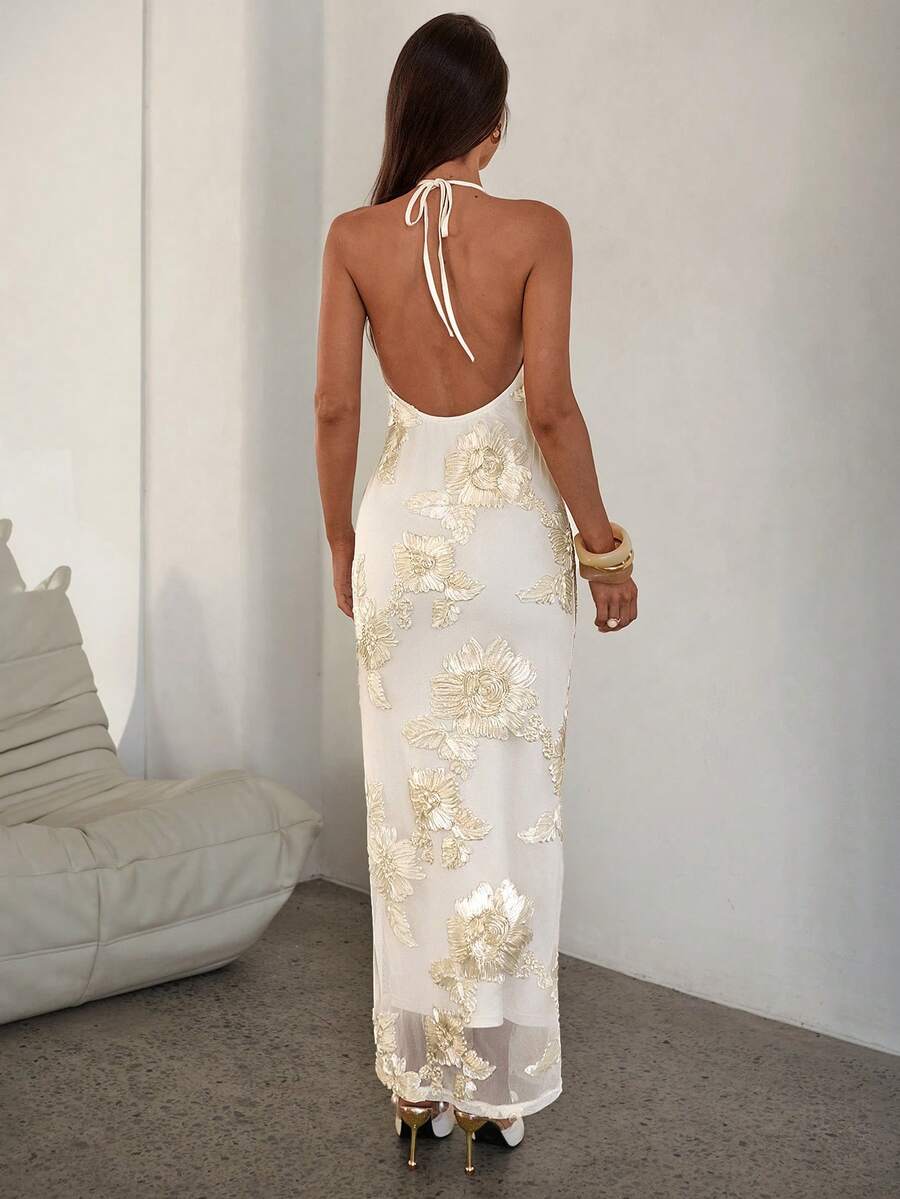 Ivory embroidered halter maxi dress front view