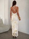 Ivory backless halter dress with floral mesh overlay