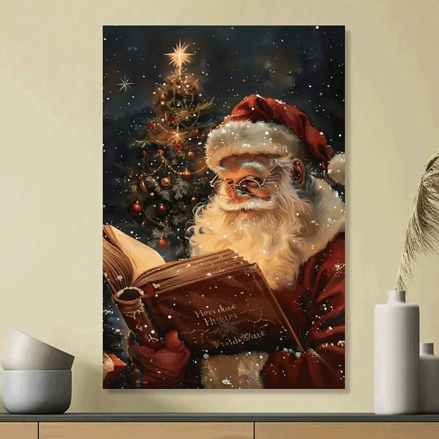 Santa reading beside a decorated Christmas tree canvas print