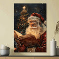 Santa reading Christmas wall art in a modern dark living room