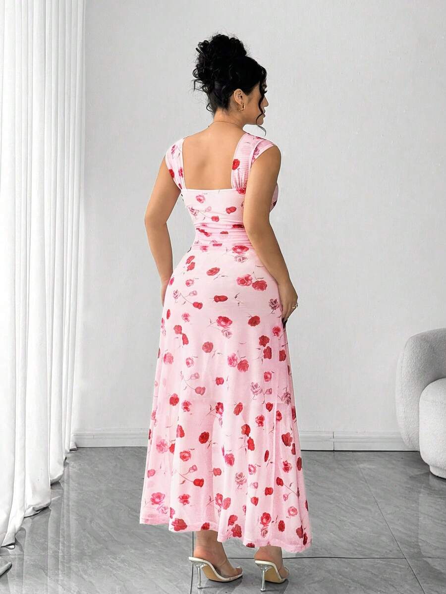 Front view of pink rose print off-shoulder plus size maxi dress