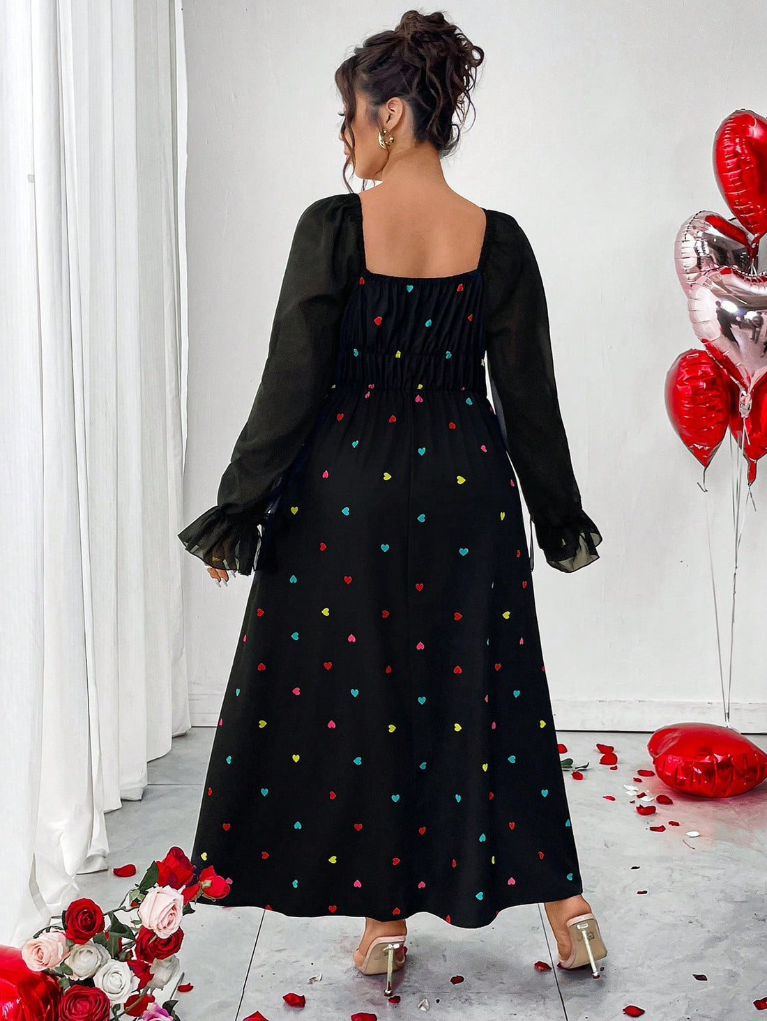 Slip into sophistication with this stunning black chiffon maxi dress—your new go-to for turning heads at winter gatherings and Valentine's celebrations. The flattering square neckline frames your shoulders beautifully, while the daring high slit adds just the right amount of flirtation to your stride. Crafted in luxurious chiffon that drapes like a dream, this plus-size beauty combines elegance with comfort, making you feel absolutely fabulous from the moment you put it on. Perfect for date nights, parties,