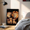 Bedroom display of framed lion family canvas wall art beside a bed