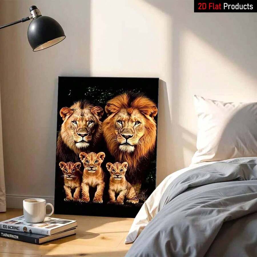 Bedroom display of framed lion family canvas wall art beside a bed