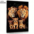 Angled view of flat framed lion family canvas print with two adult lions and three cubs