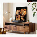 Living room console display of framed lion family canvas showing two lions and three cubs
