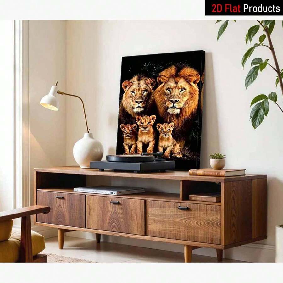 Living room console display of framed lion family canvas showing two lions and three cubs