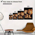 Size comparison graphic for framed lion family canvas in four portrait formats