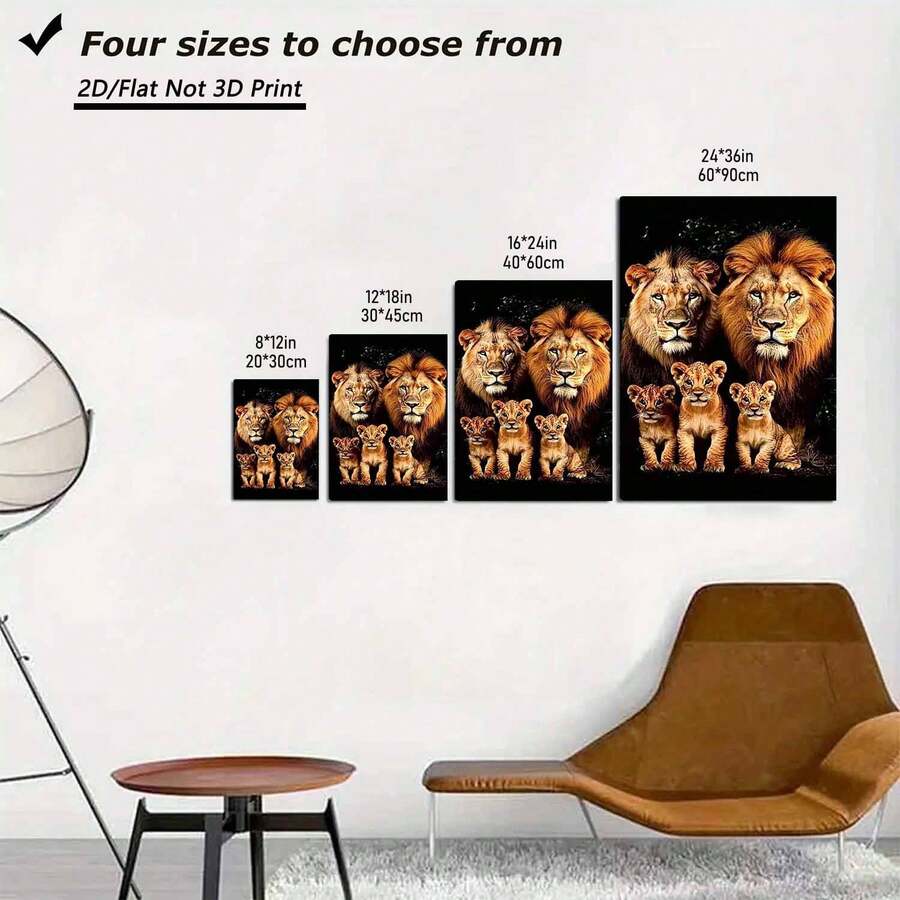 Size comparison graphic for framed lion family canvas in four portrait formats
