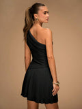 Back view black one-shoulder mini dress with low asymmetrical back