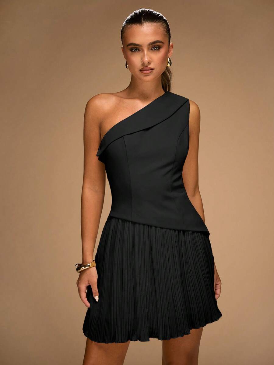 Black one-shoulder mini dress with diagonal draped neckline and fitted bodice
