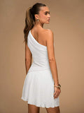 Back view white one-shoulder mini dress with low asymmetrical back