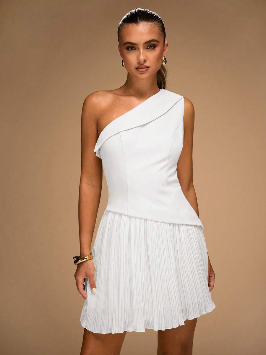 White one-shoulder mini dress with diagonal draped neckline and pleated skirt