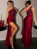 one-shoulder formal evening gown with asymmetric sequin bodice, smooth floor-length skirt, fitted mermaid column silhouette, ruched waist and hip, wrap front overlay and high thigh slit in multiple colors image 6