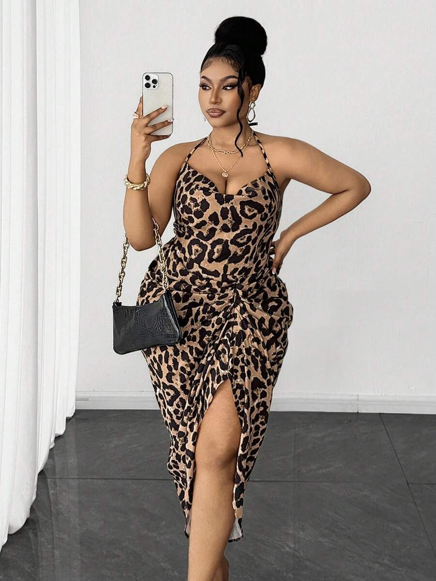 Image 6 - full length view of Plus Size Women’s Tie Dye Pleated Casual Halter Neck Dress for Trendy Party Outings