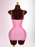Pink cami bodycon mini dress back view with adjustable straps
