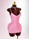 Front view of pink fitted bodycon mini dress with slim straps