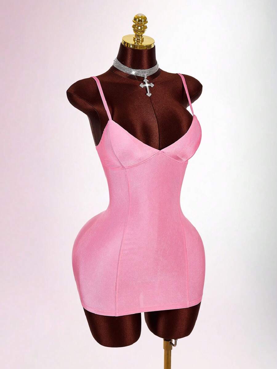 Front view of pink fitted bodycon mini dress with slim straps