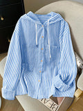 Detail view of Elegant Plus Size Striped Hooded Shirt  for Summer and Autumn - Lightweight & Stylish for everyday styling