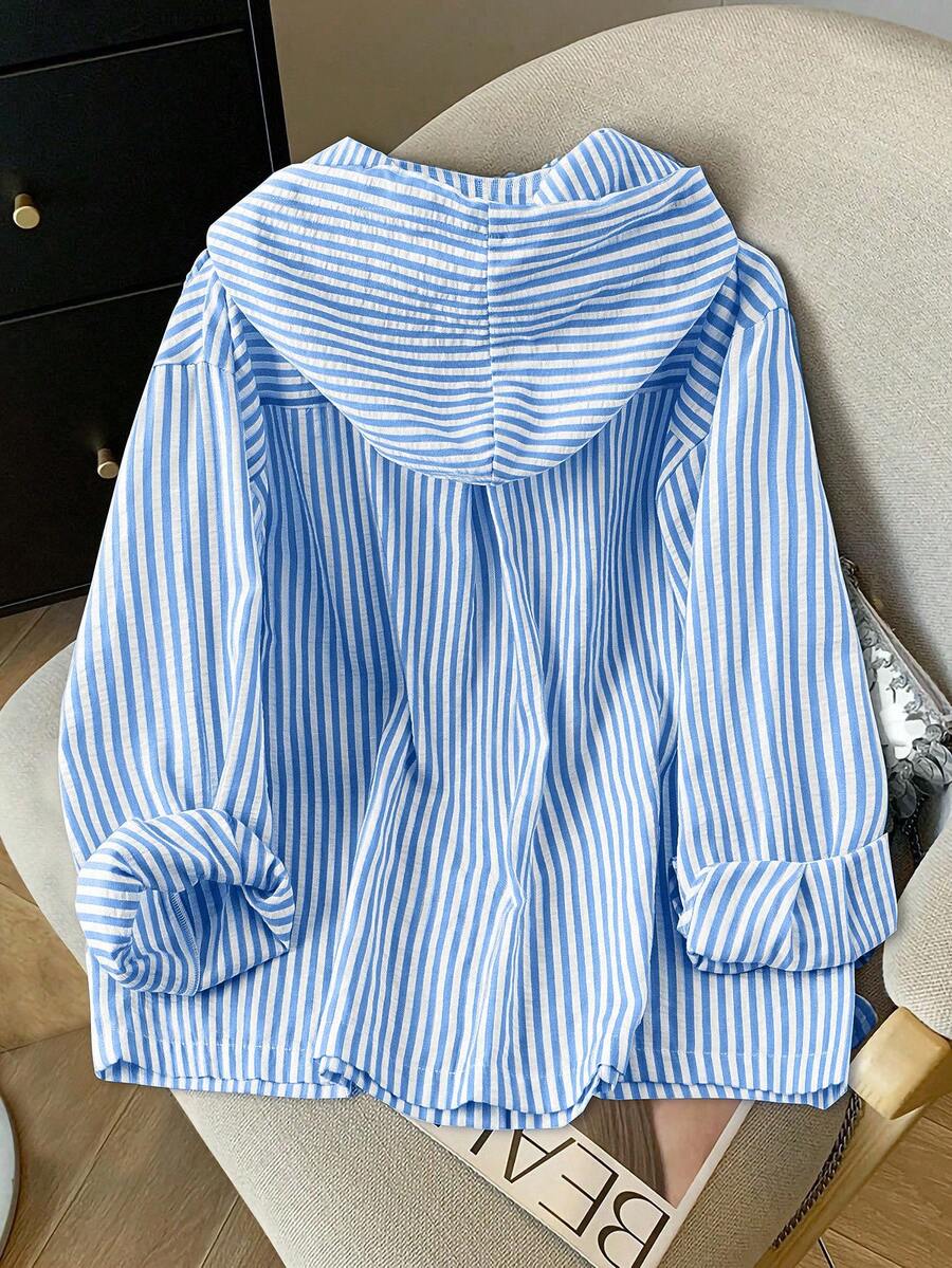 Detail view of Elegant Plus Size Striped Hooded Shirt  for Summer and Autumn - Lightweight & Stylish for everyday styling
