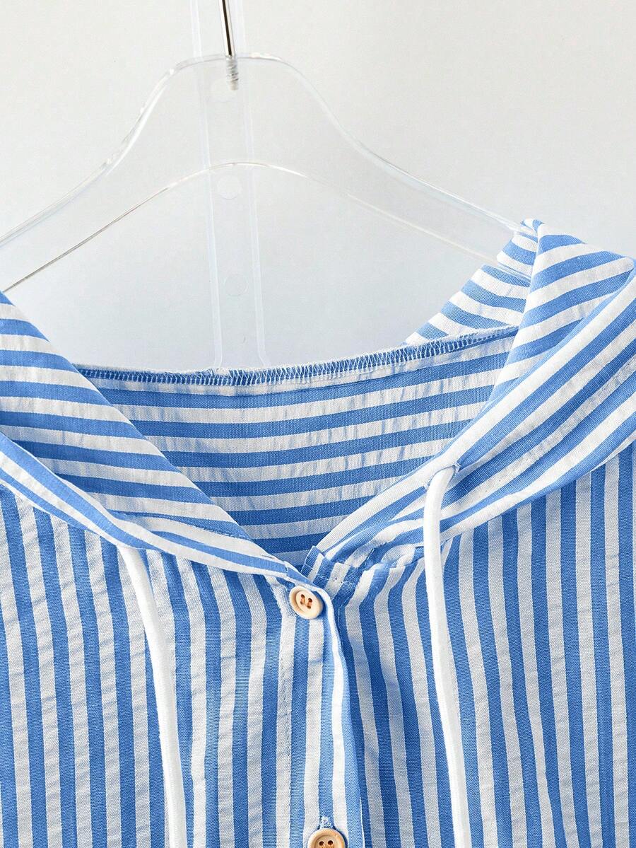 Detail view of Elegant Plus Size Striped Hooded Shirt  for Summer and Autumn - Lightweight & Stylish for everyday styling