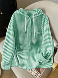 Detail view of Elegant Plus Size Striped Hooded Shirt  for Summer and Autumn - Lightweight & Stylish for everyday styling
