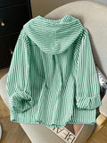 Detail view of Elegant Plus Size Striped Hooded Shirt  for Summer and Autumn - Lightweight & Stylish for everyday styling